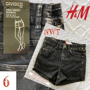 H & M Divided High Waist Black Distressed Jean Shorts NWT 6